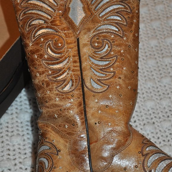 JB Dillon Womens Size 8.5 Western Boots Brown with Silver Inlay Pattern - Picture 7 of 7